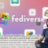 a cover photo showing a montage of fediverse logos with a woman with long brown hair sitting crossed legged in front wearing a t-shirt that promotes various fediverse platforms
