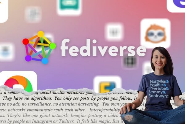a cover photo showing a montage of fediverse logos with a woman with long brown hair sitting crossed legged in front wearing a t-shirt that promotes various fediverse platforms