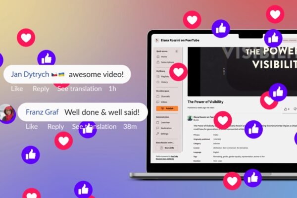 A laptop displays a video page. Positive comments are overlaid on the image.