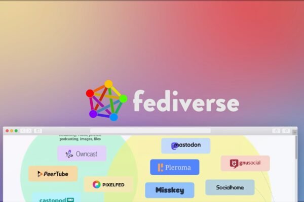 The Fediverse logo is overlaid on a colorful background.