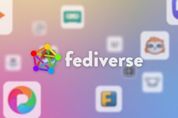 the fediverse logo and in the background a series of Fediverse software logos and a pink to yellow to mauve background